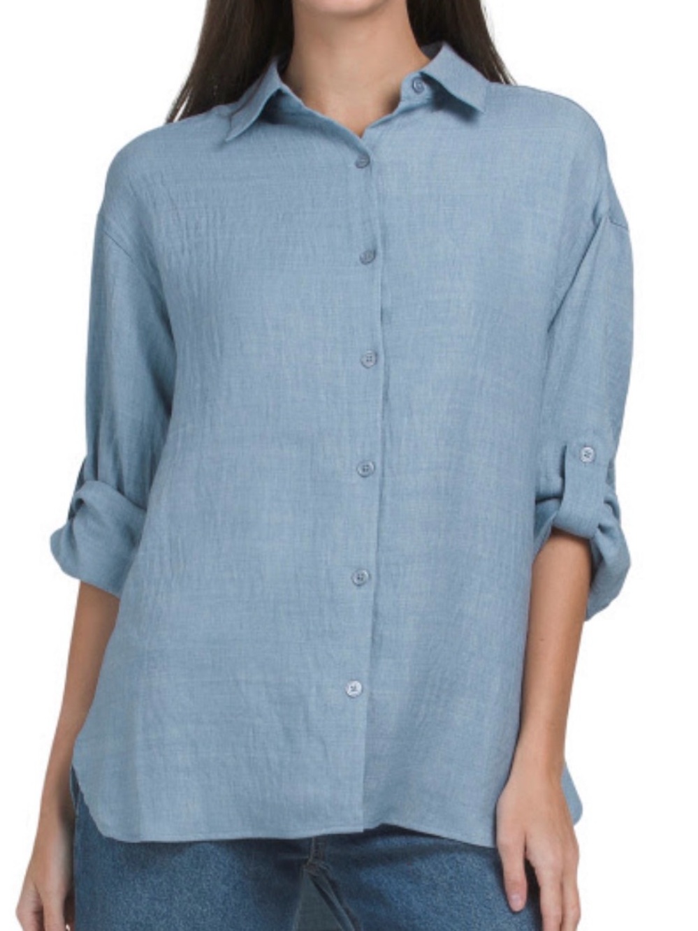 NWT MAX STUDIO LONDON Roll Tab Sleeve Button Front Shirt Sky Blue Small